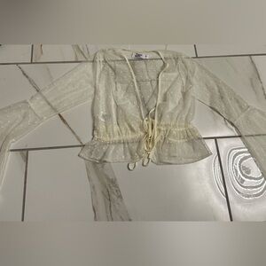 Tiger Mist Cream Sheer Swiss Dot Tie-Front Peplum Top